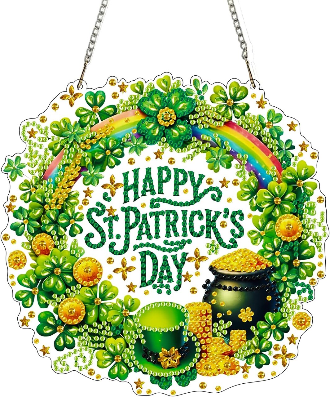 St. Patrick’s Day Diamond Painting Hanging Ornament Kit for Adults – Shamrock Wreath Pendant, 7.0 x 7.1 in Acrylic Crystal Diamond Art Board, DIY Holiday Decoration
